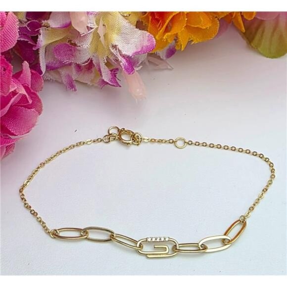 Gold Vermeil 925 Sterling Silver Paperclip Bracelet Tiny Lab Diamonds 6.5-7.5 in